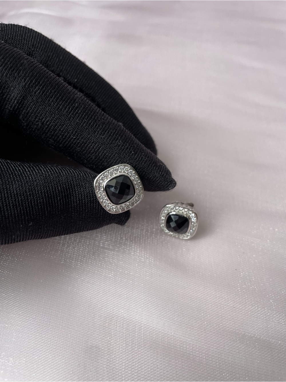 Albion® Stud Earrings in Sterling Silver with Black Onyx and Pavé Diamonds